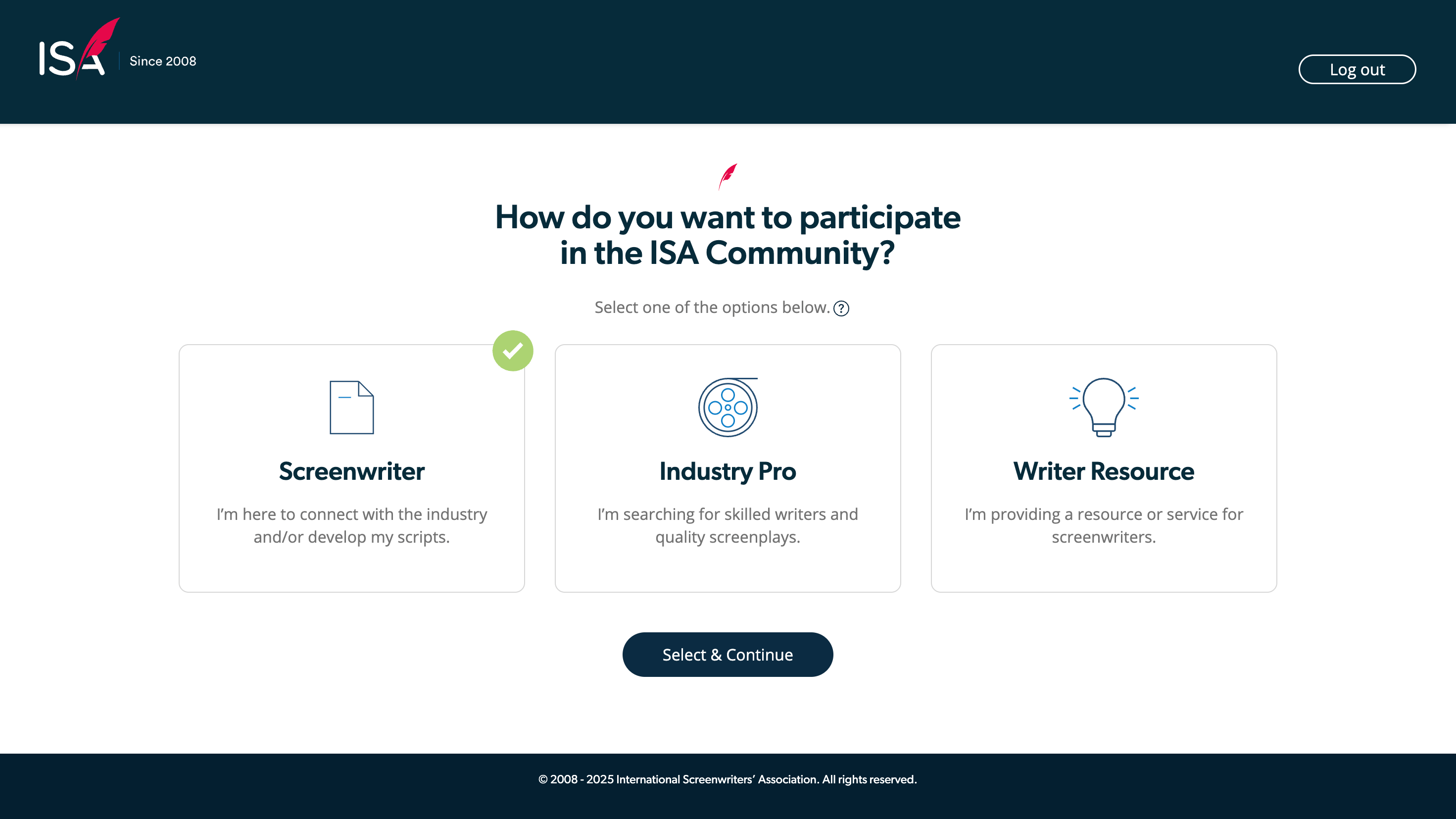 Three vertically stacked cards for onboarding role selection: Writer, Industry Pro, and Service Provider. Each card has a unique icon and label. The Writer card is visually selected.