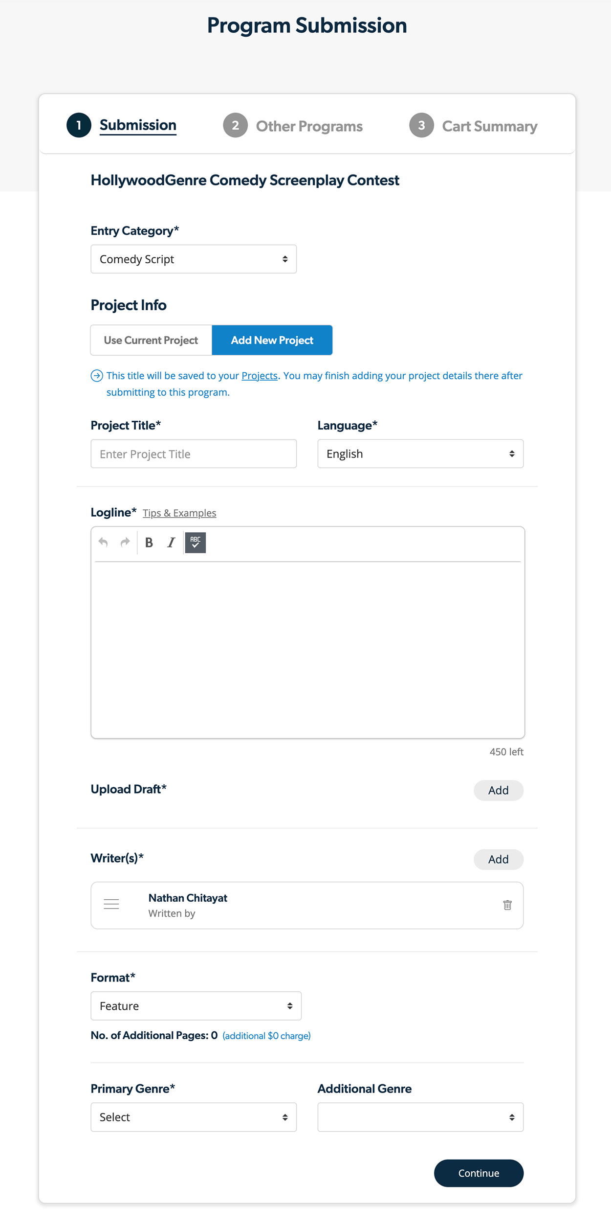 First screen in the checkout flow. User is prompted to select a screenplay from existing projects or upload a new file. Each existing project is listed with a title and radio button selector.
