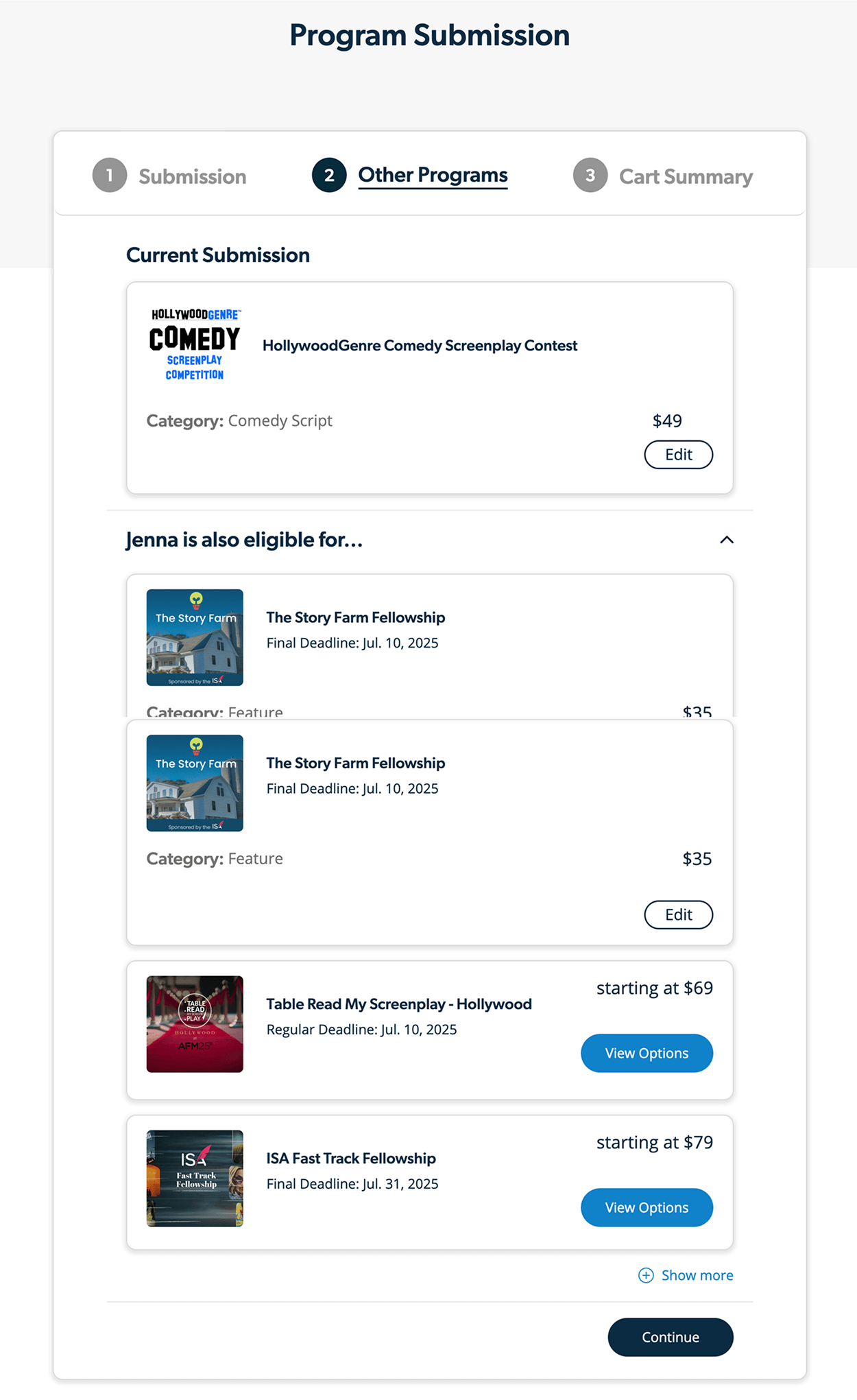 Second checkout step presenting optional add-ons. Users can select additional contests, coverage services, or feedback options via checkboxes. Each item includes a label, description, and price.