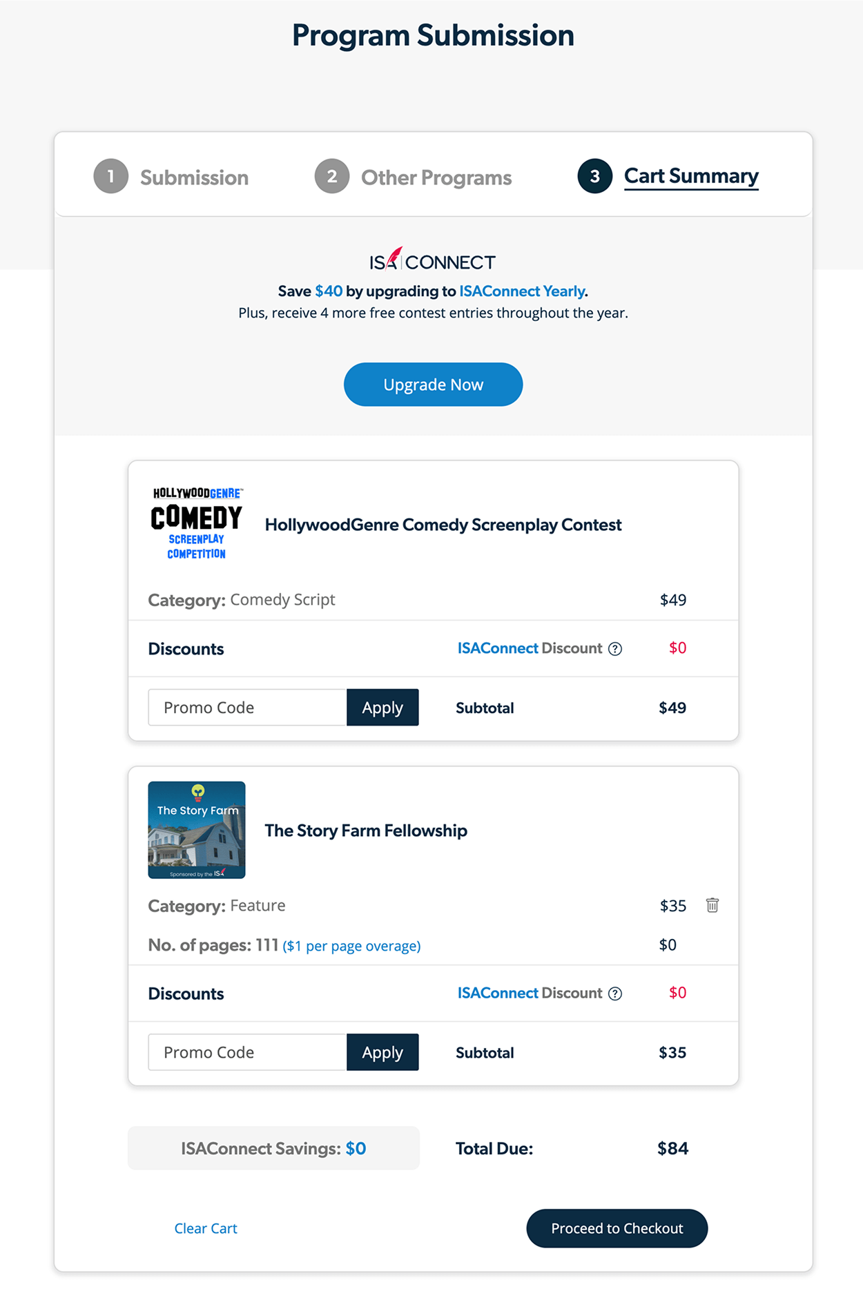 Cart summary showing a list of selected contest entries and services. Each item has an individual promo code input field, allowing for contest-specific discounts. Totals are shown at the bottom.
