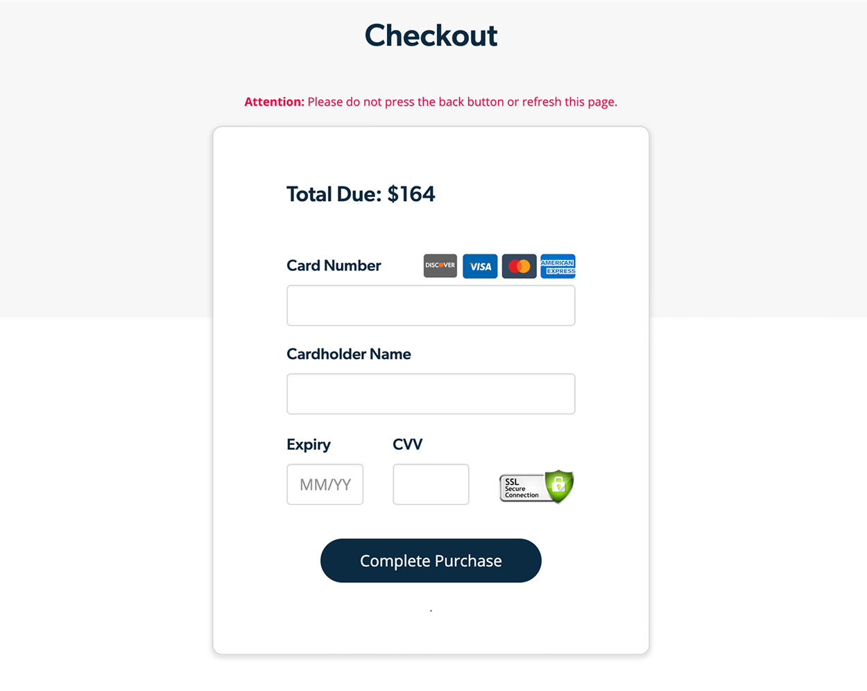 Final checkout screen focused on payment. The layout includes credit card input fields, billing information, and a large ‘Submit Payment’ button. All other navigation is minimized to reduce distraction.