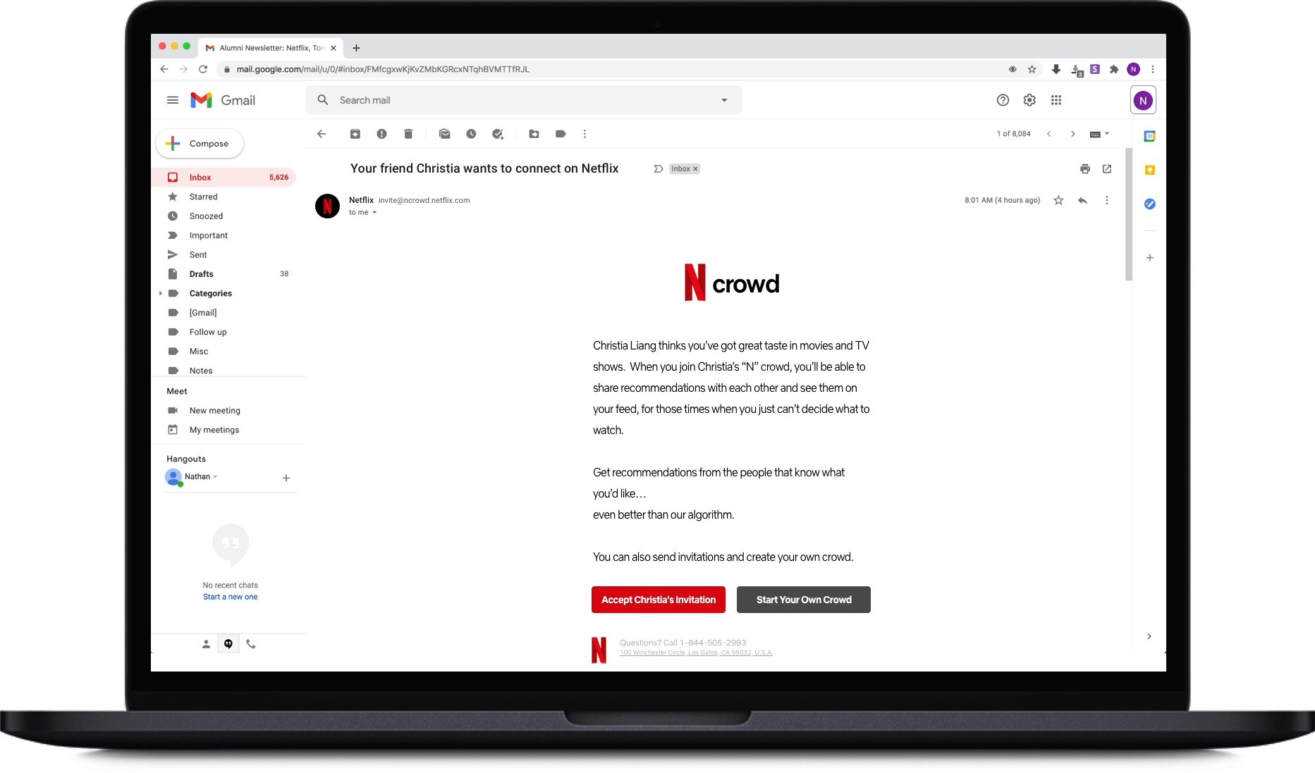 Gmail message inviting user to join a friend’s N Crowd to share Netflix recommendations.