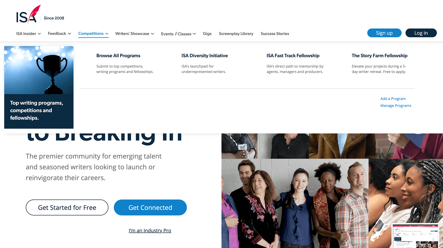 Redesigned dropdown under “Competitions” shows contests, feedback services, and partner programs.