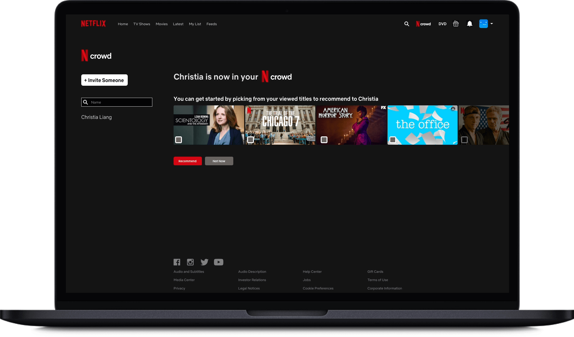 Post-acceptance screen asking user to recommend shows to a friend who joined their N Crowd.
