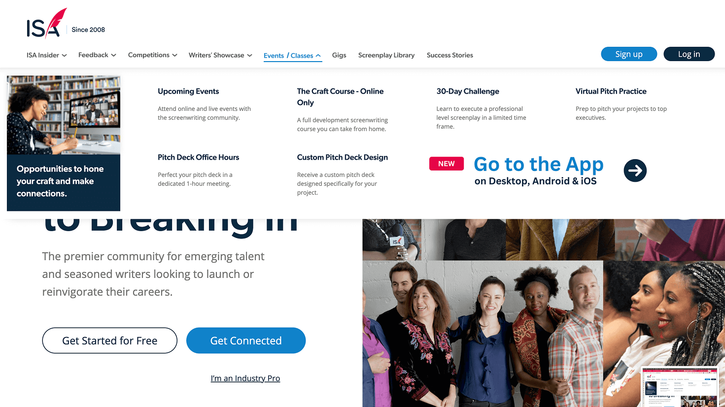 Redesigned dropdown under “Events / Classes,” listing writing workshops, on-demand classes, and event recordings in grouped categories.
