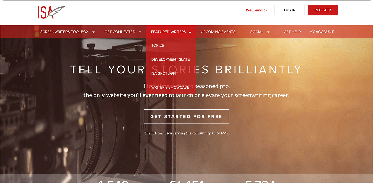 Original dropdown under “Featured Writers” in the original ISA nav. Shows links like “Top 25 Writers,” “Favorites,” and “Development Slate” with minimal hierarchy or explanation, making it unclear how content was selected or categorized.