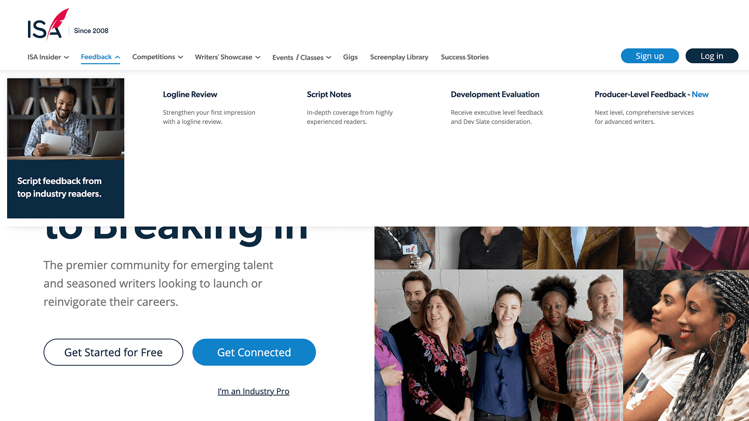 Redesigned dropdown under “Feedback,” showing evaluation services, contest coverage, and reader scorecards with clearer distinctions.