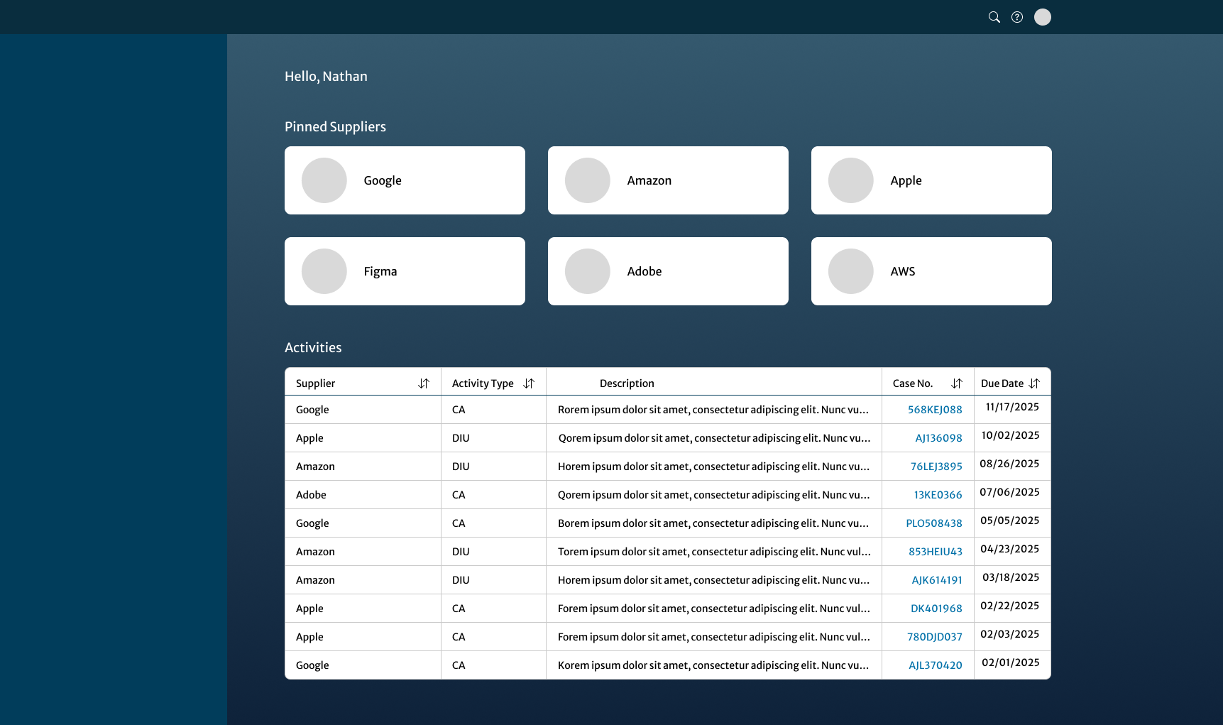 Original landing page layout showing pending activities and pinned suppliers.