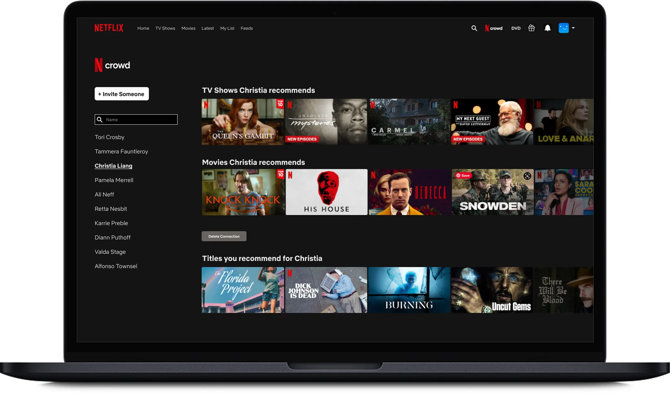 N Crowd page showing a selected connection. Shows carousels for TV Shows they recommend, Movies they recommend, and titles you recommend for them’ with horizontal scrolling.
