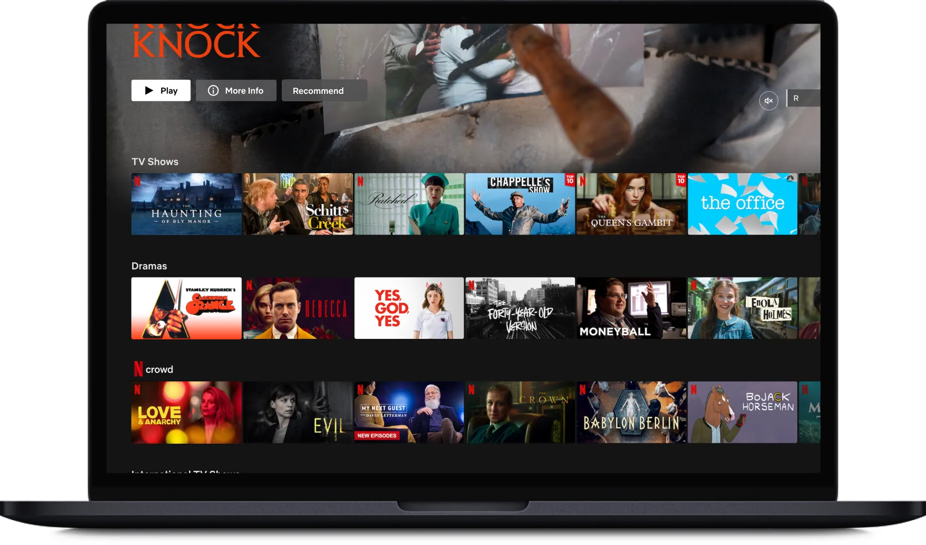 Netflix homepage showing carousels by category: TV Shows, Dramas, and Ncrowd. Each carousel scrolls horizontally with large show thumbnails.