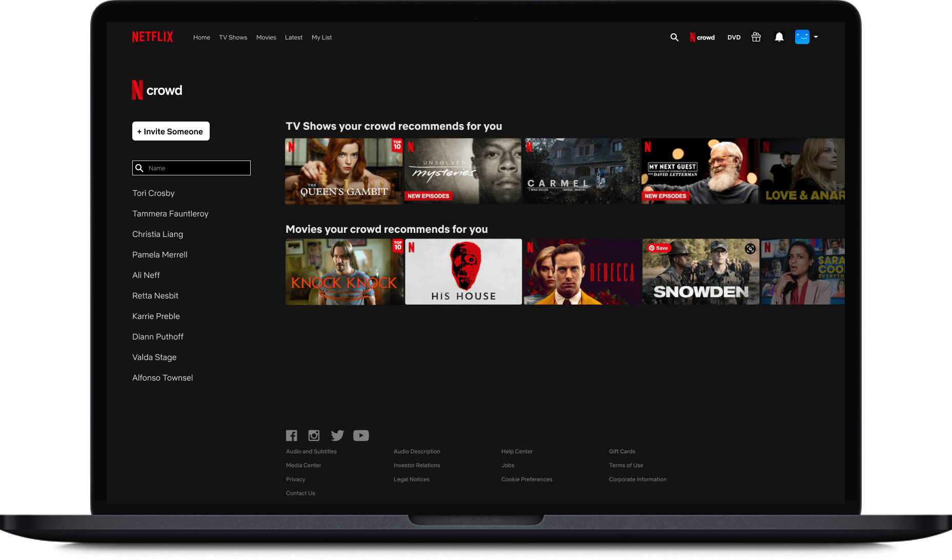 Netflix Crowd dashboard showing TV and movie recommendations from friends.