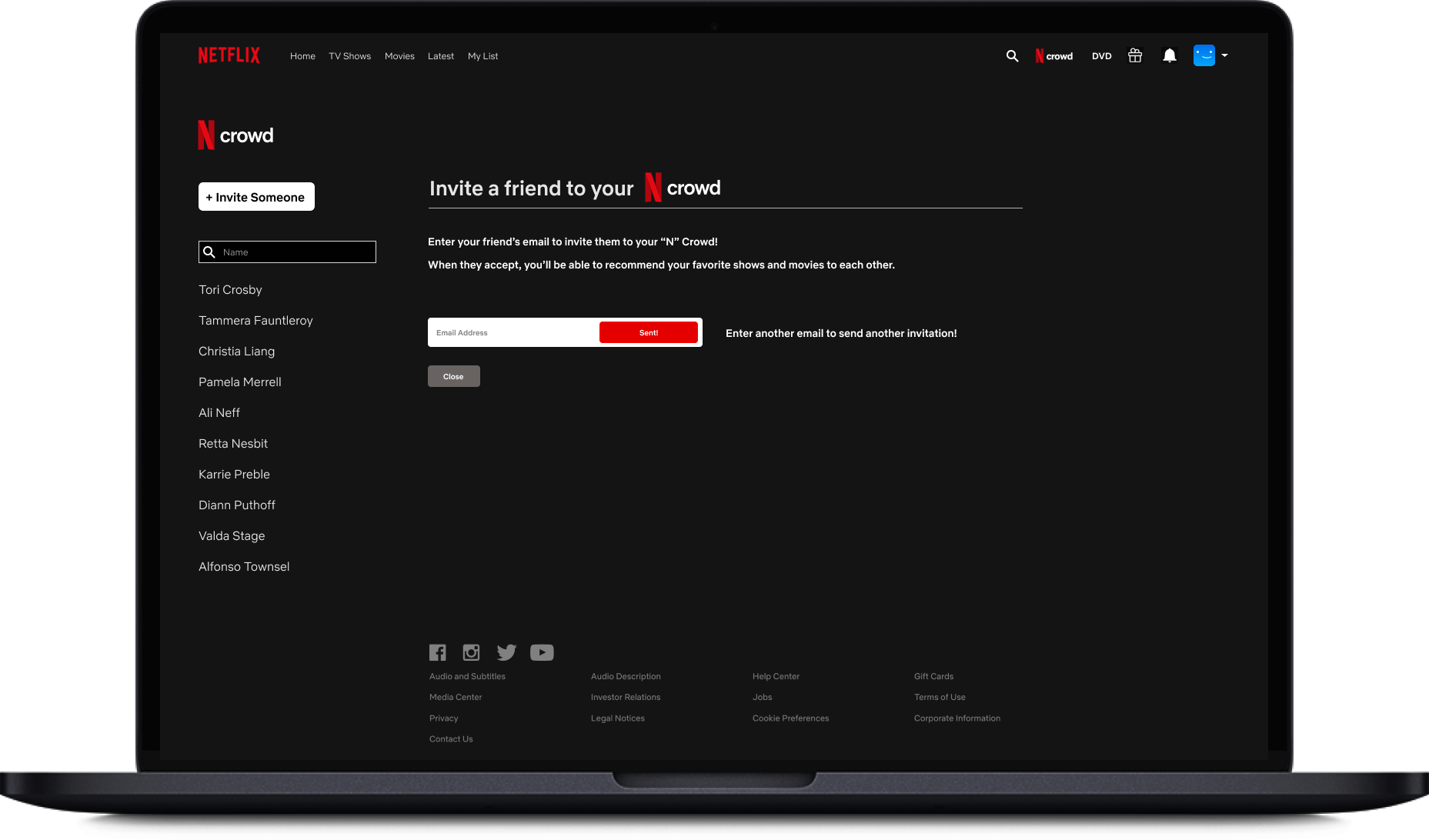 Invite screen showing email input and crowd member list for adding friends to your Netflix Crowd.