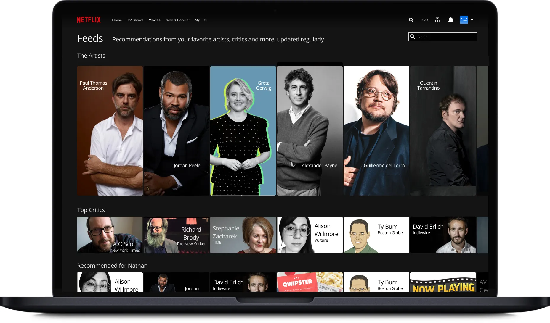 Netflix Feeds landing page displaying a carousel of filmmakers (Paul Thomas Anderson, Jordan Peele, Greta Gerwig, Alexander Payne, Guillermo del Toro, Quentin Tarantino) whose curated recommendations users can browse. Below that is a Top Critics row featuring A.O. Scott, Richard Brody, Stephanie Zacharek, and others.