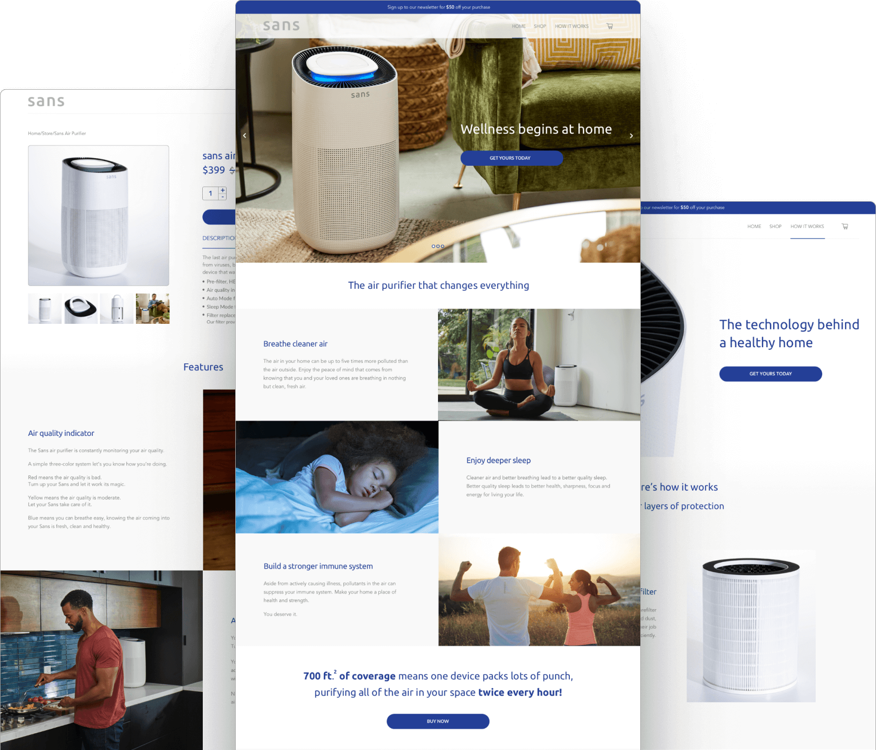 Sans air purifier in a home setting beside a gray chair, showing real-world product placement.