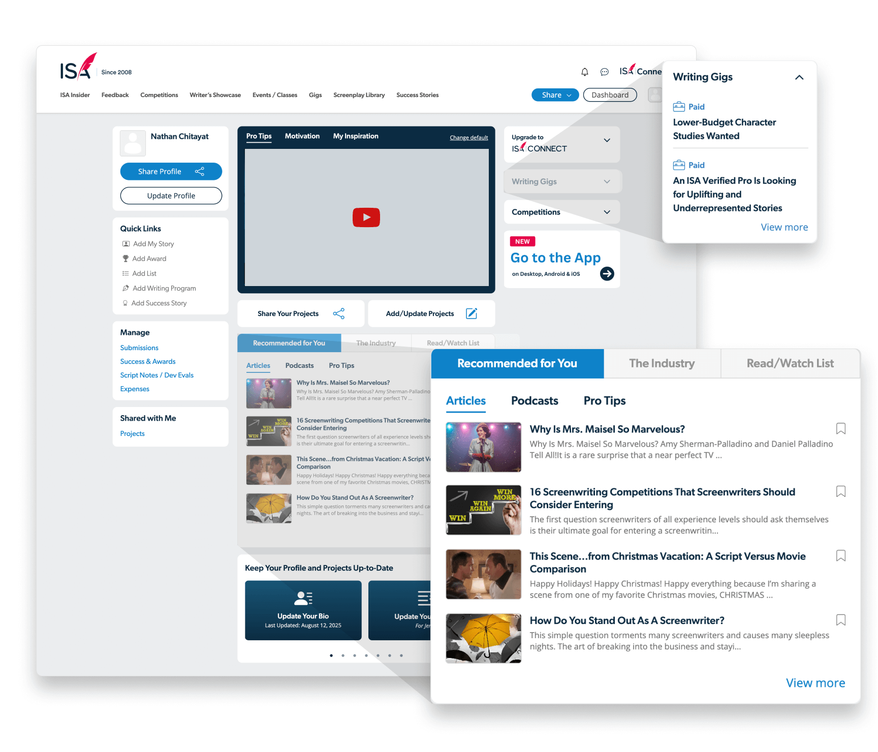 A preview of the new ISA Writer Dashboard . The layout includes a three-column structure with a central content feed, left-side profile panel, and right-side accordions for writing gigs and competitions.