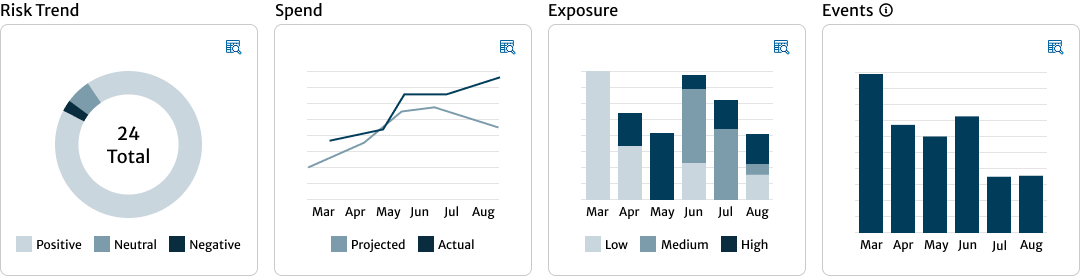 Four summary risk graphs showing different portfolio-level metrics over time, with sparkline-style trends to surface macro risk at a glance.