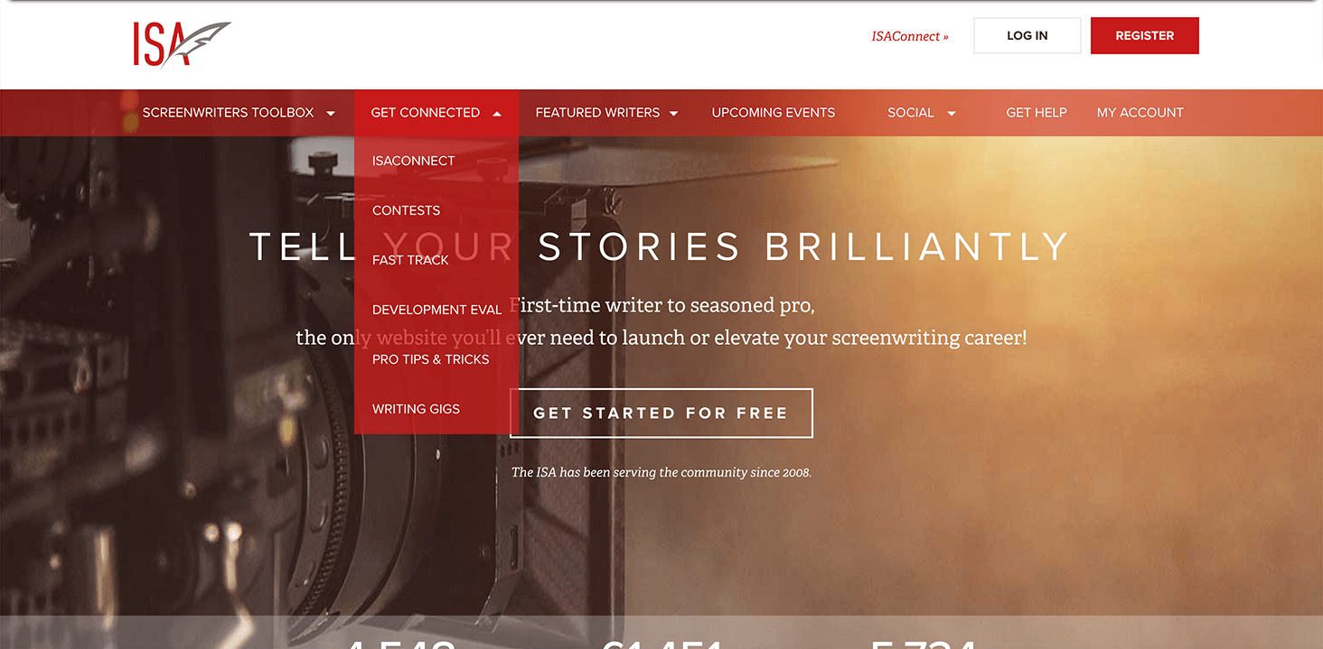 Original dropdown under “Get Connected,” listing unrelated features like “Contests,” “ISAConnect,” and “Writing Gigs,” with no clear grouping or hierarchy.