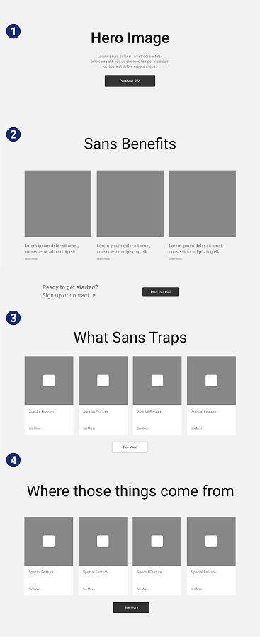 Wireframe of Sans homepage including hero image, benefits section, and product education.