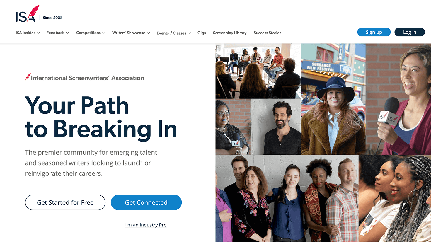 ISA’s redesigned global navigation with no dropdowns expanded. Top-level categories are clearly labeled: Competitions, Events / Classes, Gigs, Writer’s Showcase, Screenplay Library, Success Stories, Feedback, and ISA Insider. Reflects the cleaned-up structure that replaced vague legacy labels with action-oriented, scannable categories.