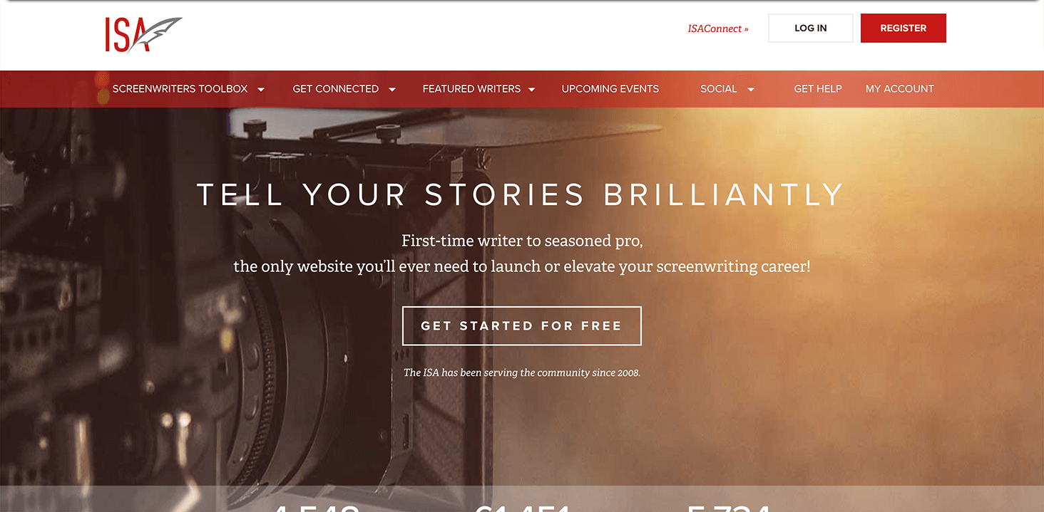 Original ISA global navigation showing top-level categories like “Screenwriters Toolbox,” “Get Connected,” and “Social,” with vague, overlapping dropdowns that mix tools, events, and contributor links.