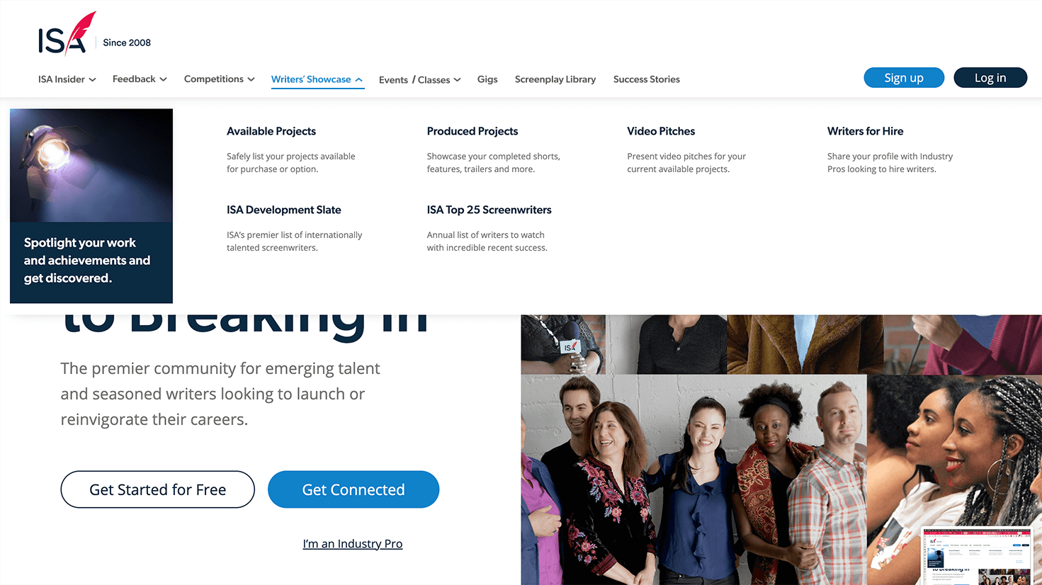 Redesigned dropdown under “Writer’s Showcase,” linking to featured profiles, top scripts, and community recognition programs.