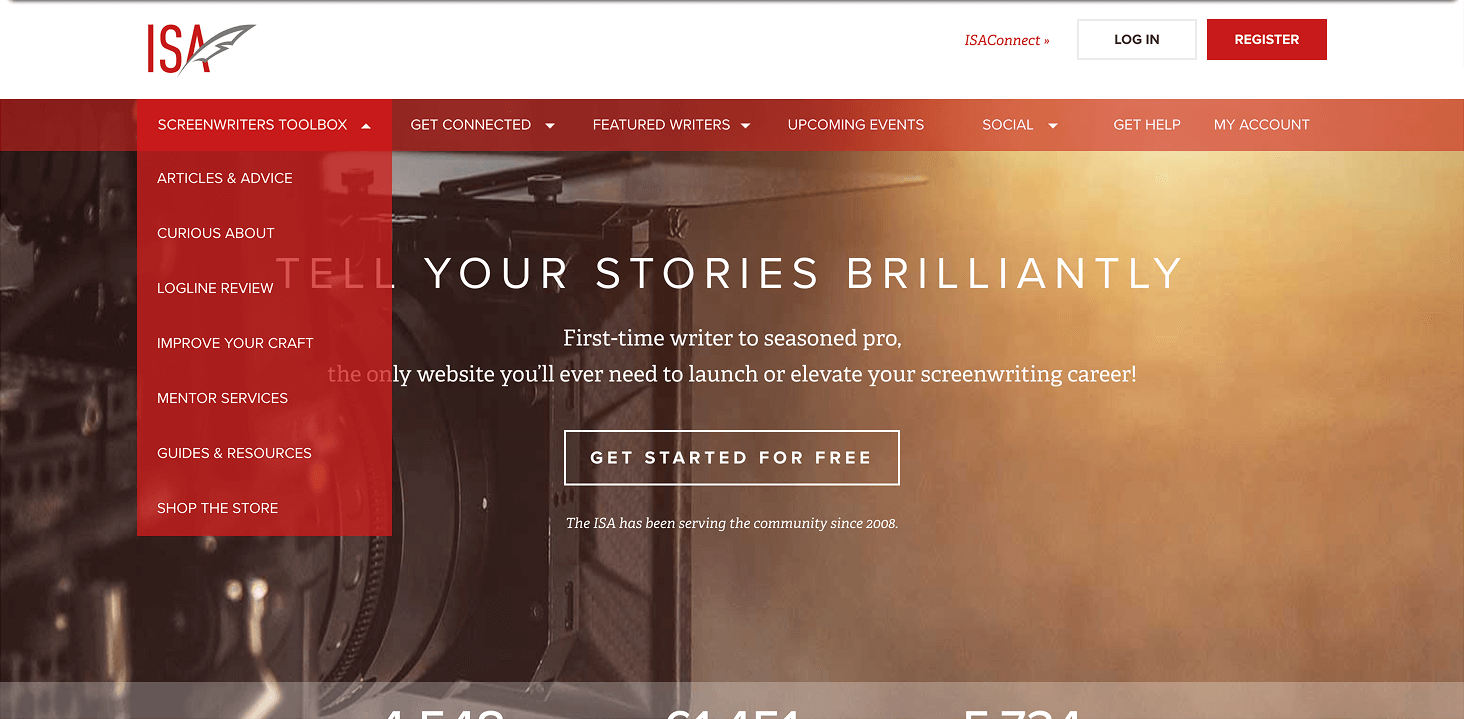Original dropdown under “Screenwriters Toolbox” in the ISA legacy navigation. Shows an unstructured list of resources like “Articles & Advice,” “ISAConnect,” “Development Slate,” and “Favorites,” with little context or grouping.
