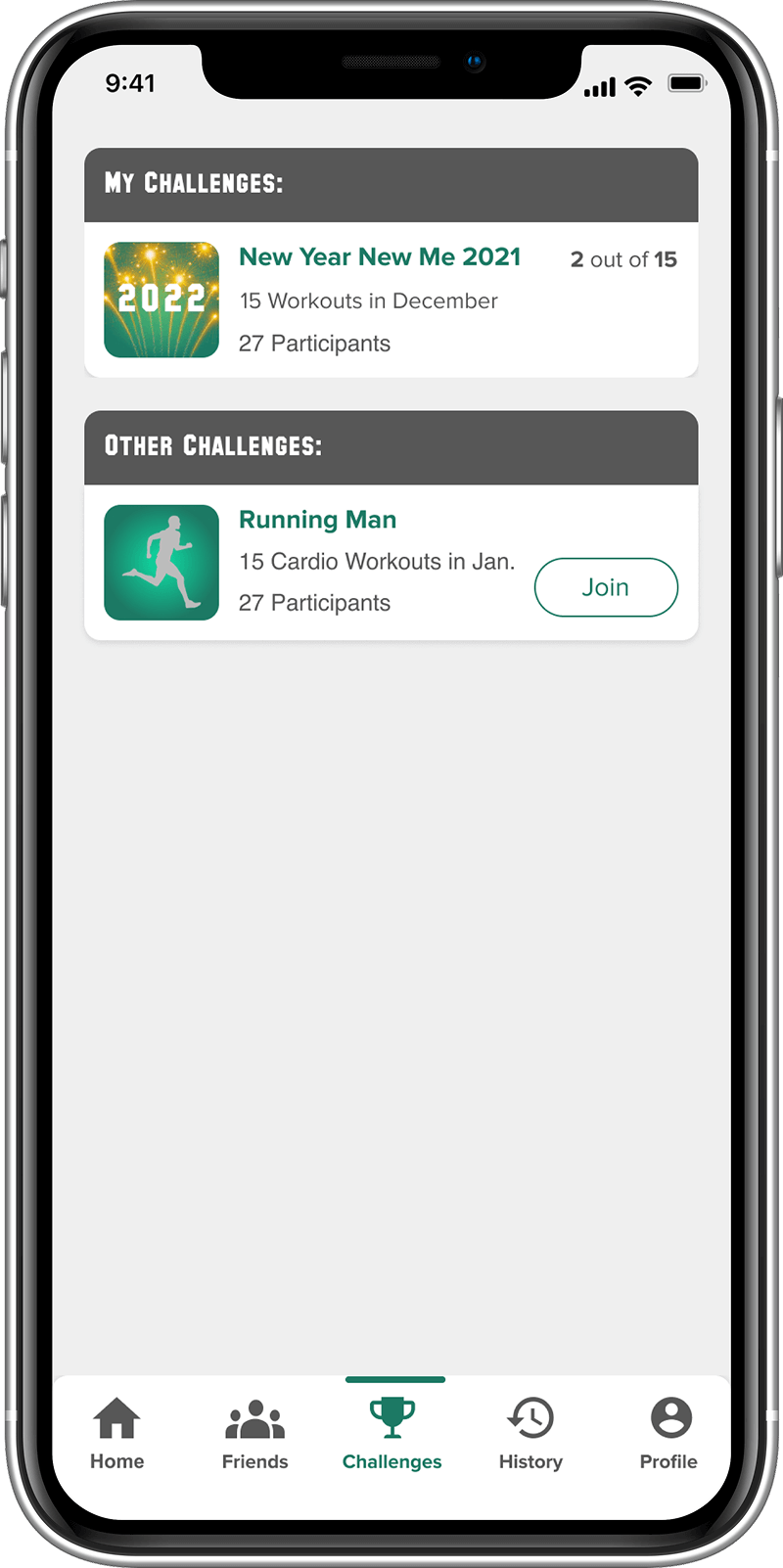 Mobile screen showing a challenge list with join buttons, progress, and number of participants.