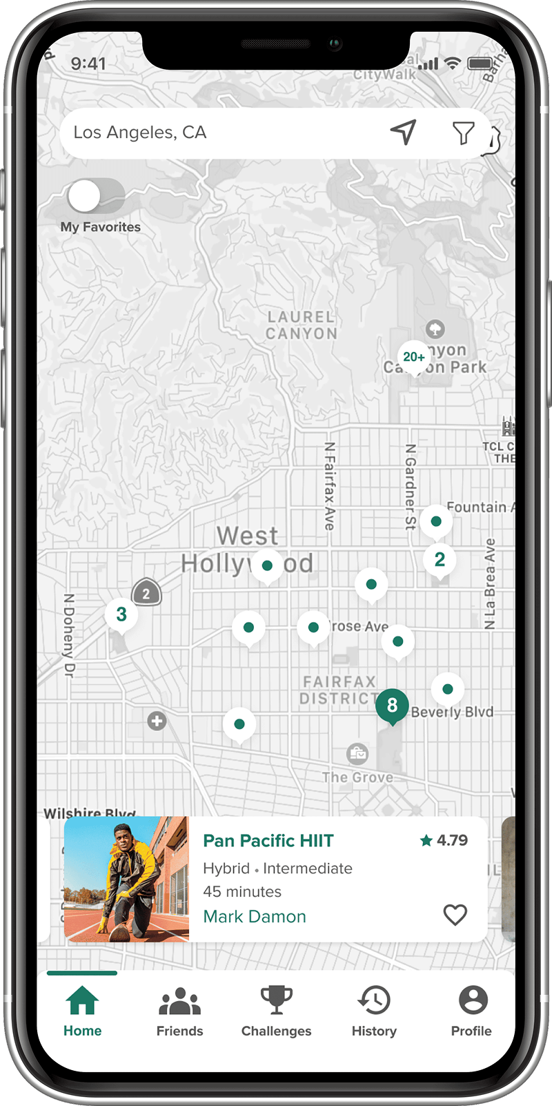 Workout map with pins across Los Angeles and selected workout card below.
