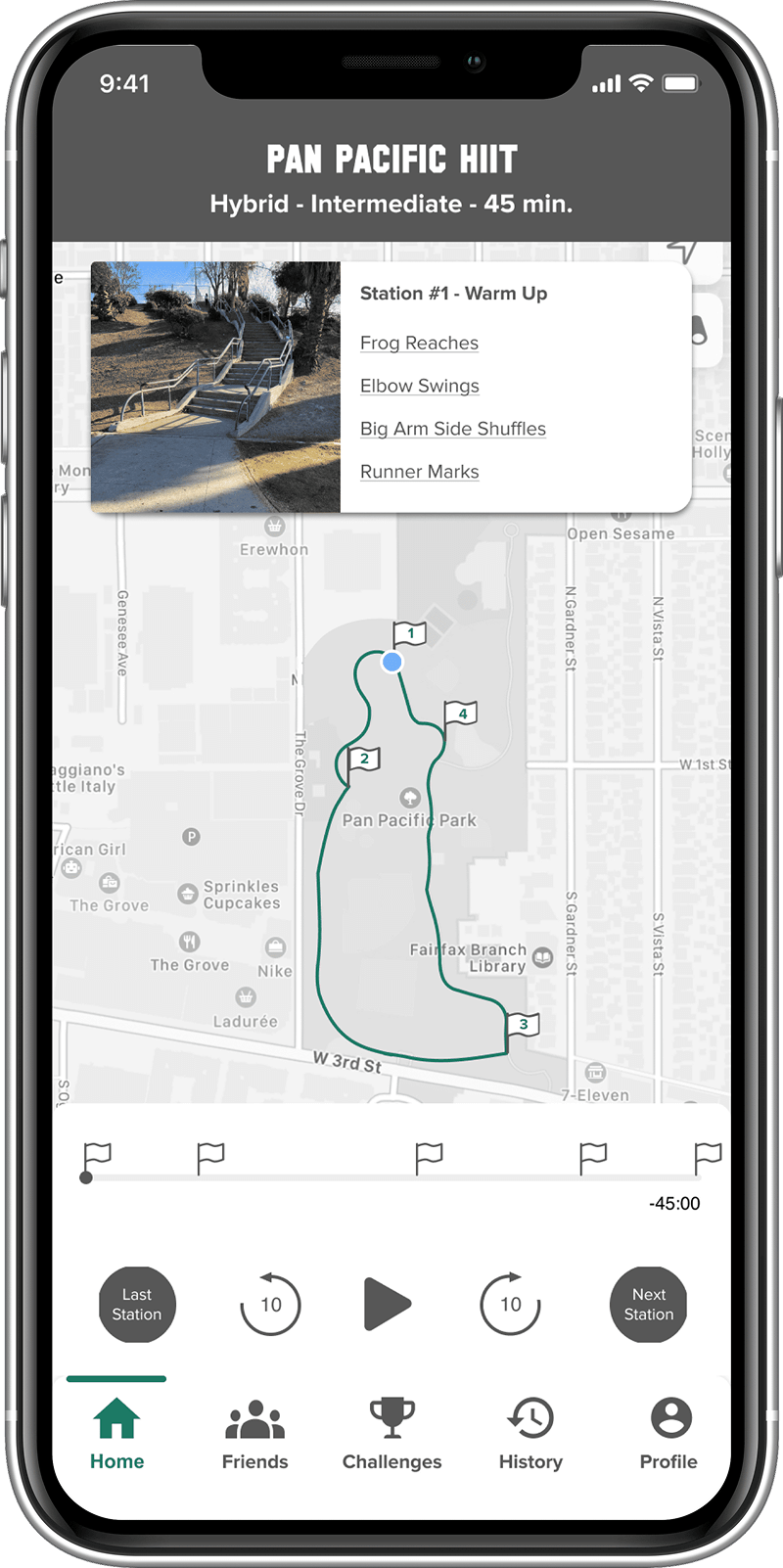 Route map for Pan Pacific HIIT workout with list of stations and gear.
