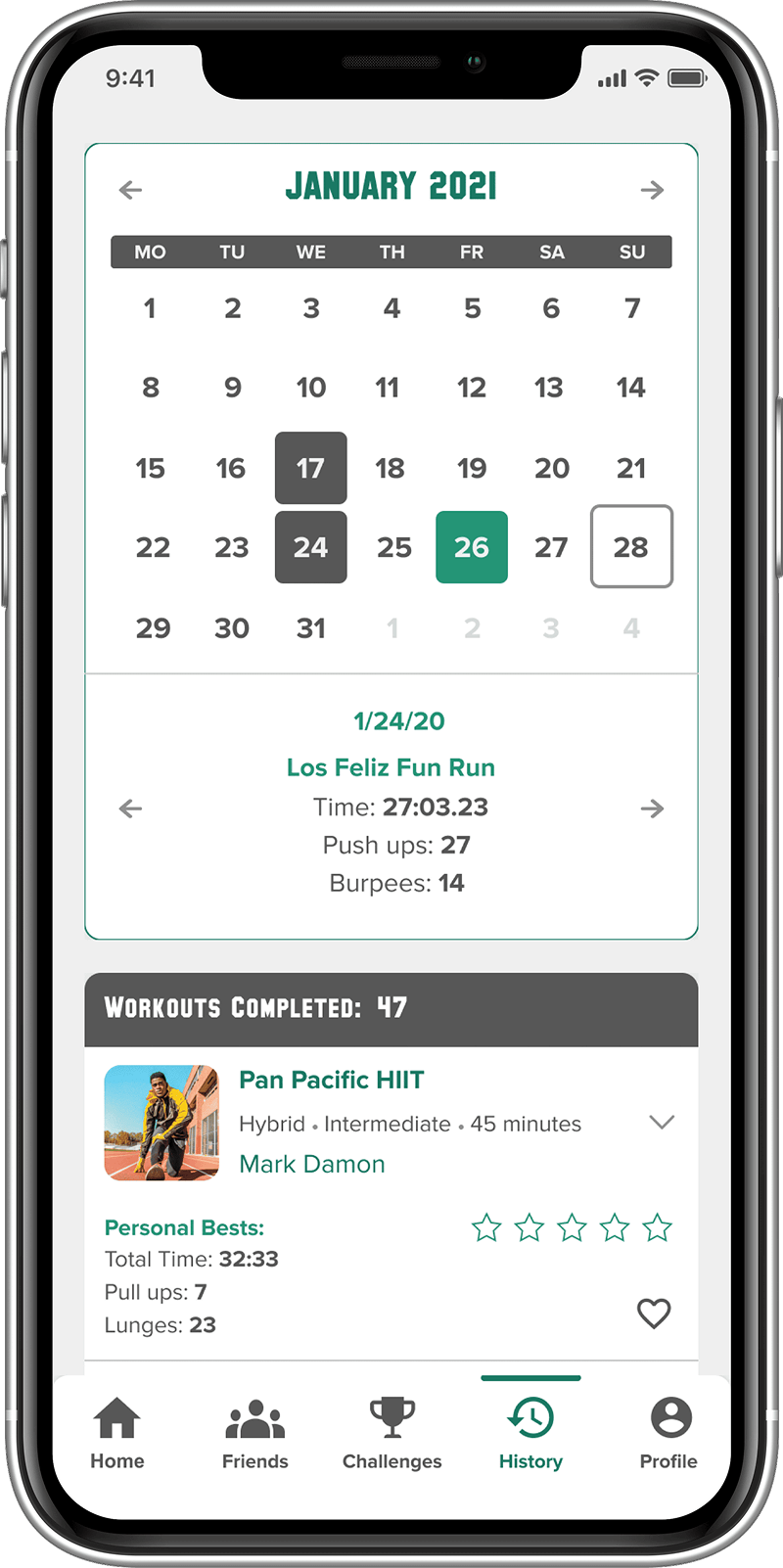 Calendar view with selected workout showing time, reps, and personal bests.