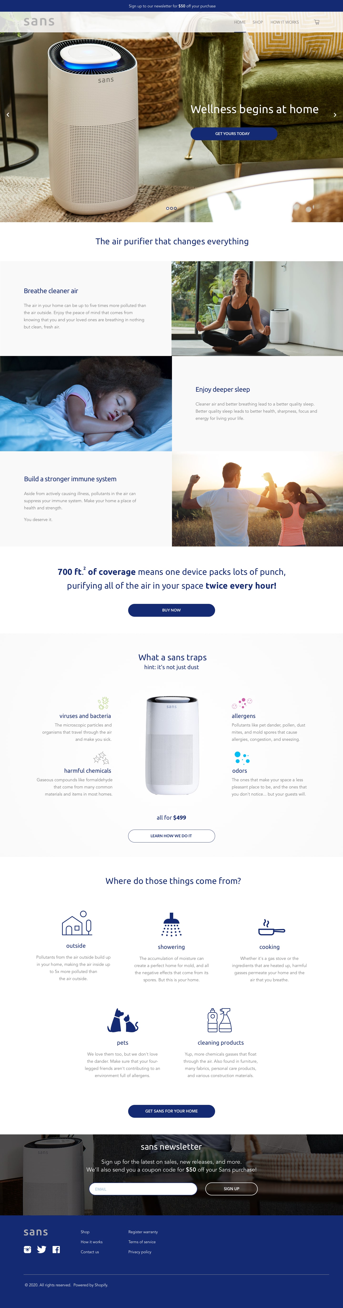 Full Sans homepage layout featuring hero content, air quality benefits, and visual explanations of what Sans filters and where pollutants come from.