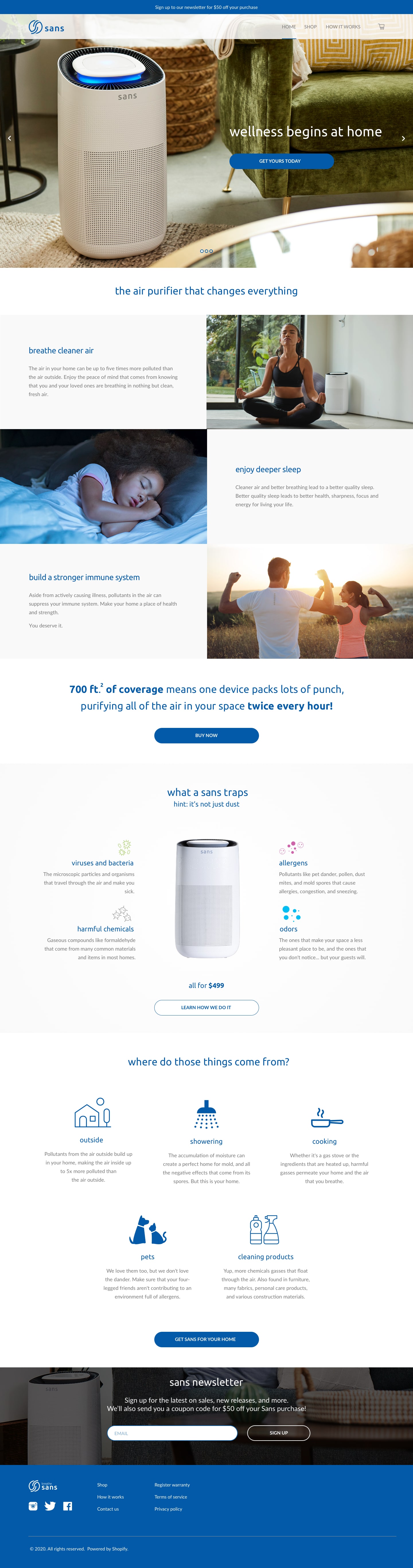 Full Sans homepage layout featuring hero content, air quality benefits, and visual explanations of what Sans filters and where pollutants come from.