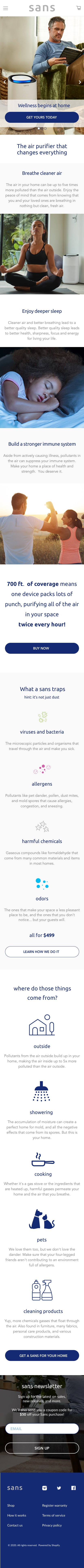 Full Sans homepage layout featuring hero content, air quality benefits, and visual explanations of what Sans filters and where pollutants come from.