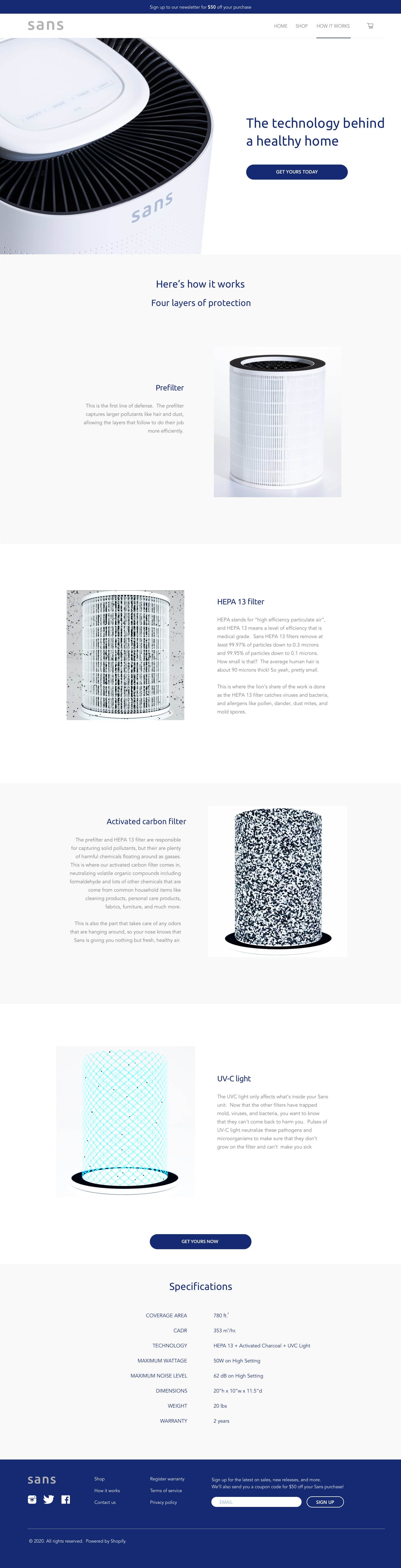 Full How It Works page layout explaining Sans’s four-stage filtration: Prefilter, HEPA 13, Carbon, and UV-C, with descriptions and benefits for each.