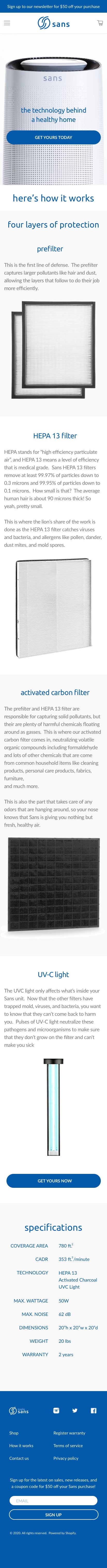 Full How It Works page layout explaining Sans’s four-stage filtration: Prefilter, HEPA 13, Carbon, and UV-C, with descriptions and benefits for each.