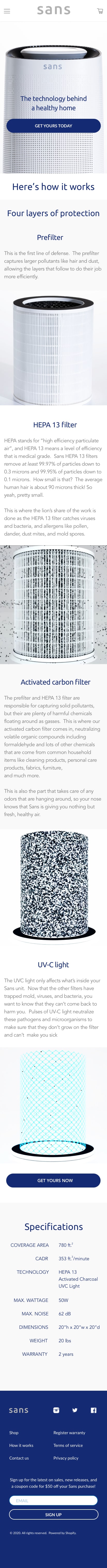 Full How It Works page layout explaining Sans’s four-stage filtration: Prefilter, HEPA 13, Carbon, and UV-C, with descriptions and benefits for each.