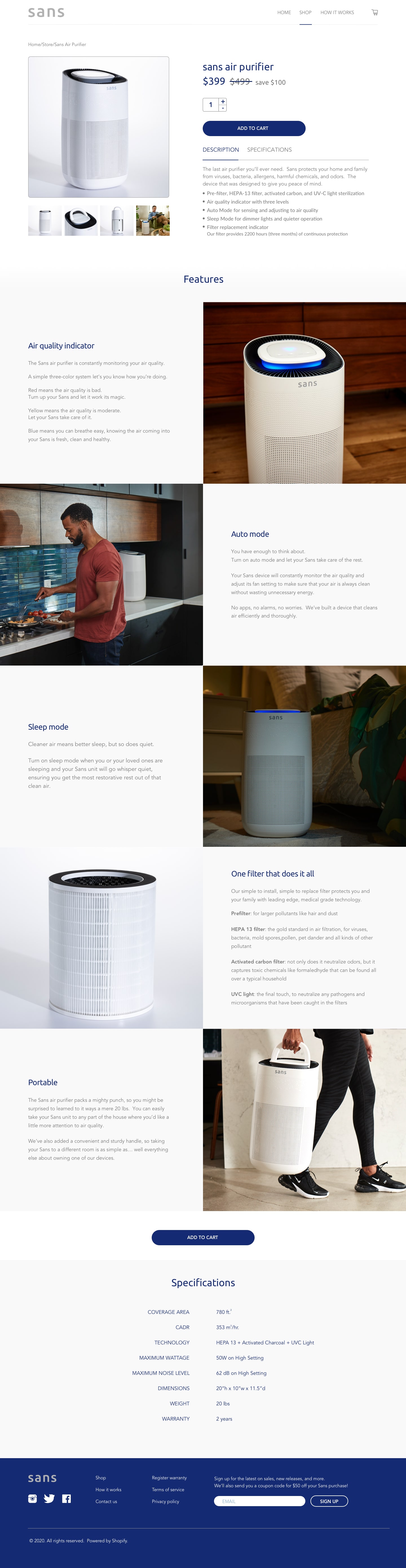 Full Sans product page layout including pricing, product photo gallery, key features, specs table, and call to action.