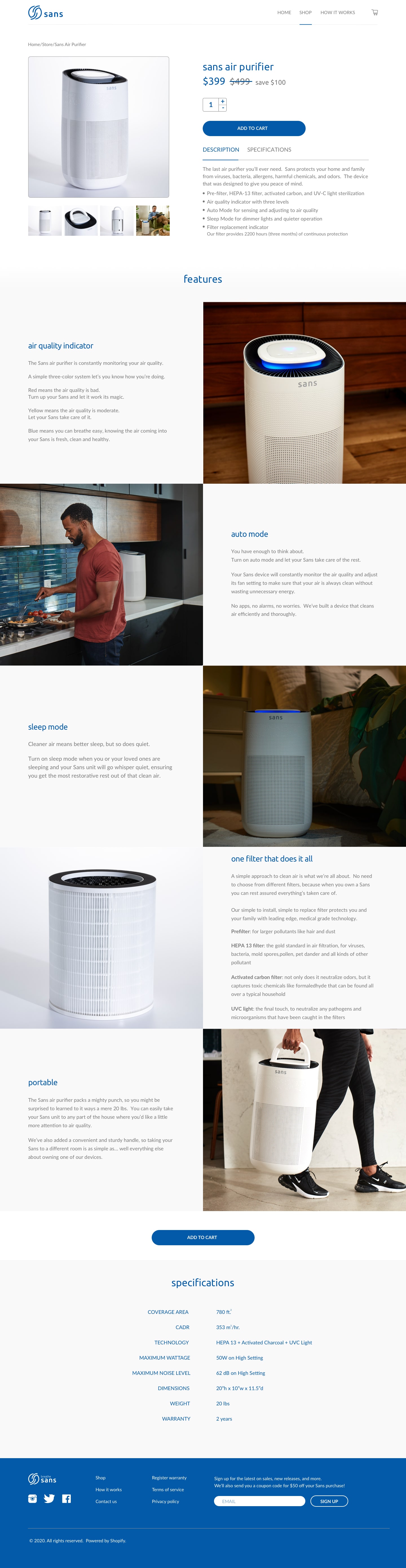 Full Sans product page layout including pricing, product photo gallery, key features, specs table, and call to action.