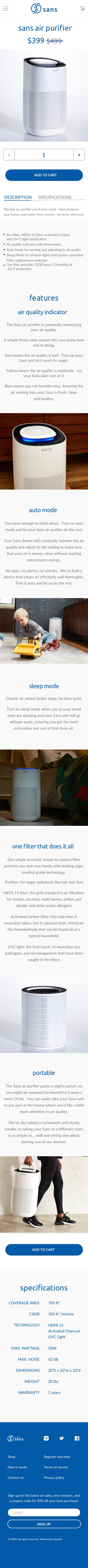 Full Sans product page layout including pricing, product photo gallery, key features, specs table, and call to action.